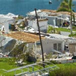 Power Outage and Destroyed homes near a coastal area after a hurricane in Florida.