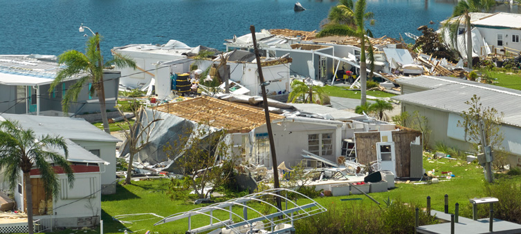 Power Outage and Destroyed homes near a coastal area after a hurricane in Florida.