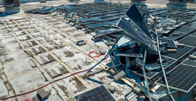 Collapsed solar panels on a rooftop after a hurricane.