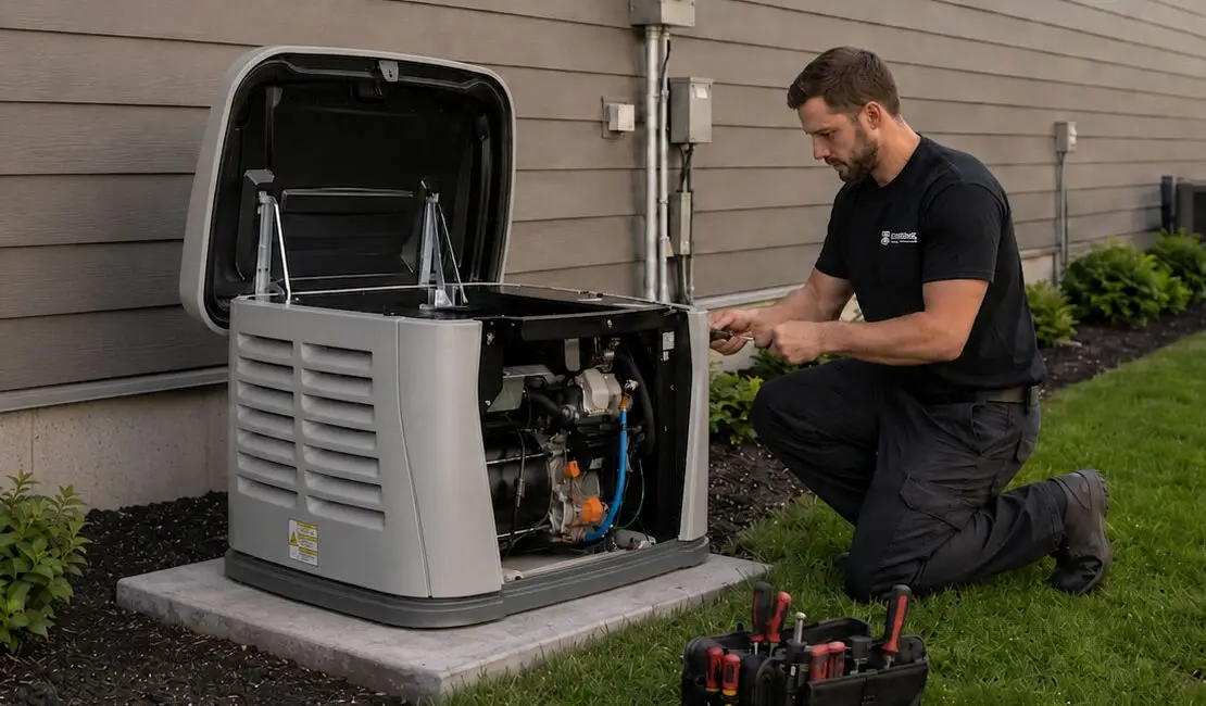Picture of a Generac generator installation in Ontario by a technician from Platinum Electrical contractors