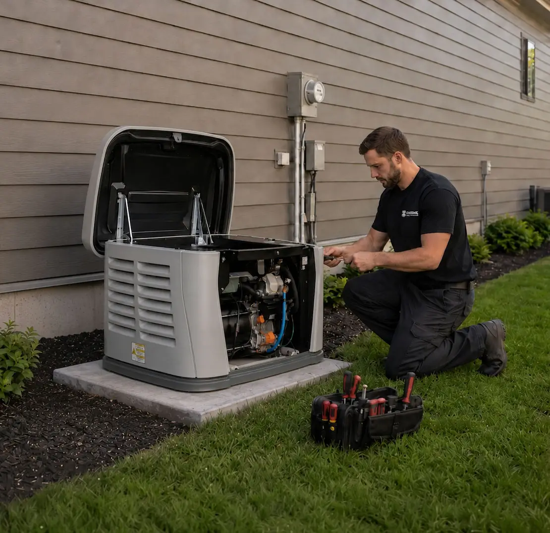 Picture of a Generac generator installation in Ontario by a technician from Platinum Electrical contractors