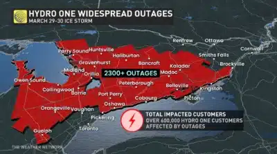 Power outage map published by Weather Channel during the April 2025, ice storm in Ontario