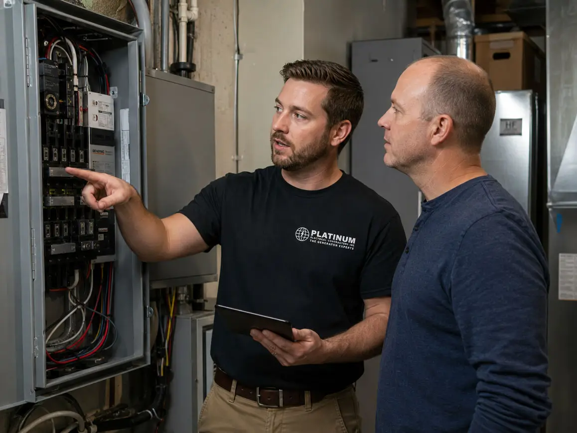 Platinum Electrical technician explains the breaker for a home owner prior to Generac generator installation in Ontario