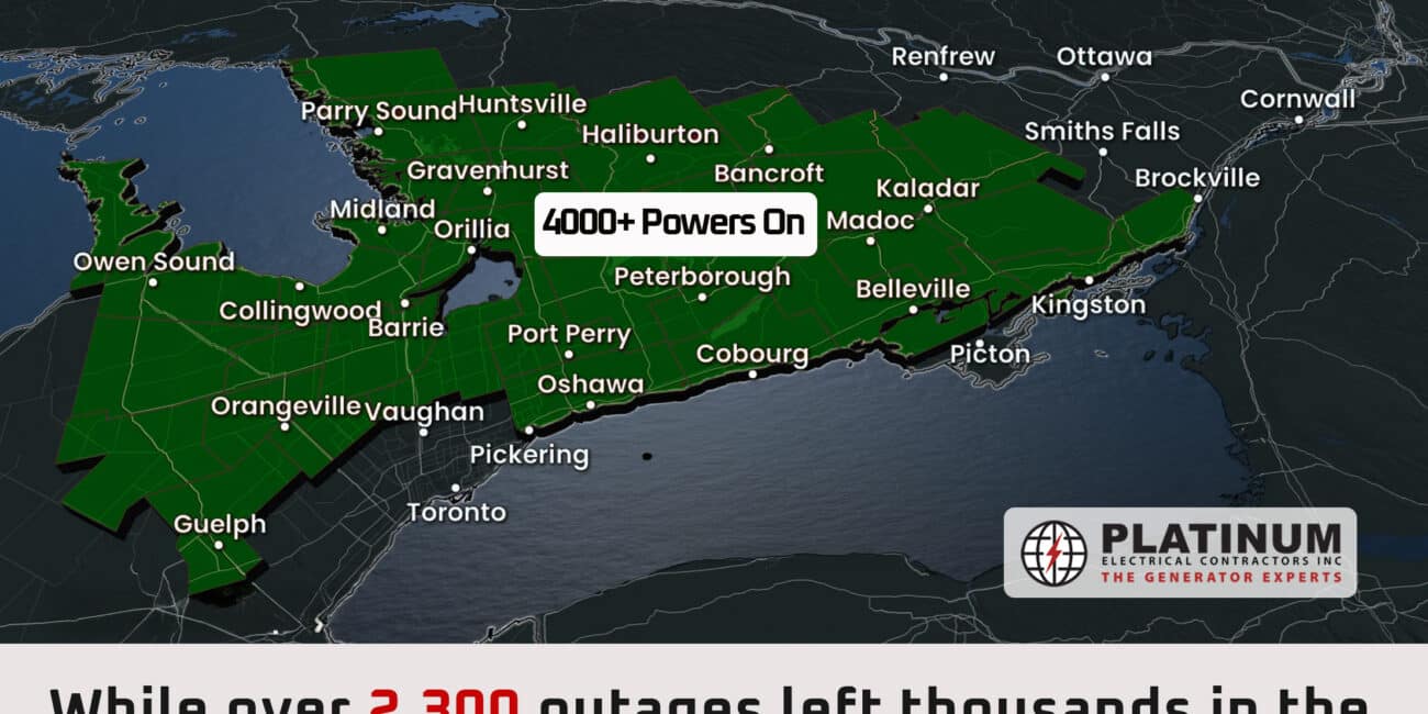 A map of Ontario showing the number of Platinum's customers who had power using backup generators during the power outage caused by the April 2025 ice storm in Ontario.